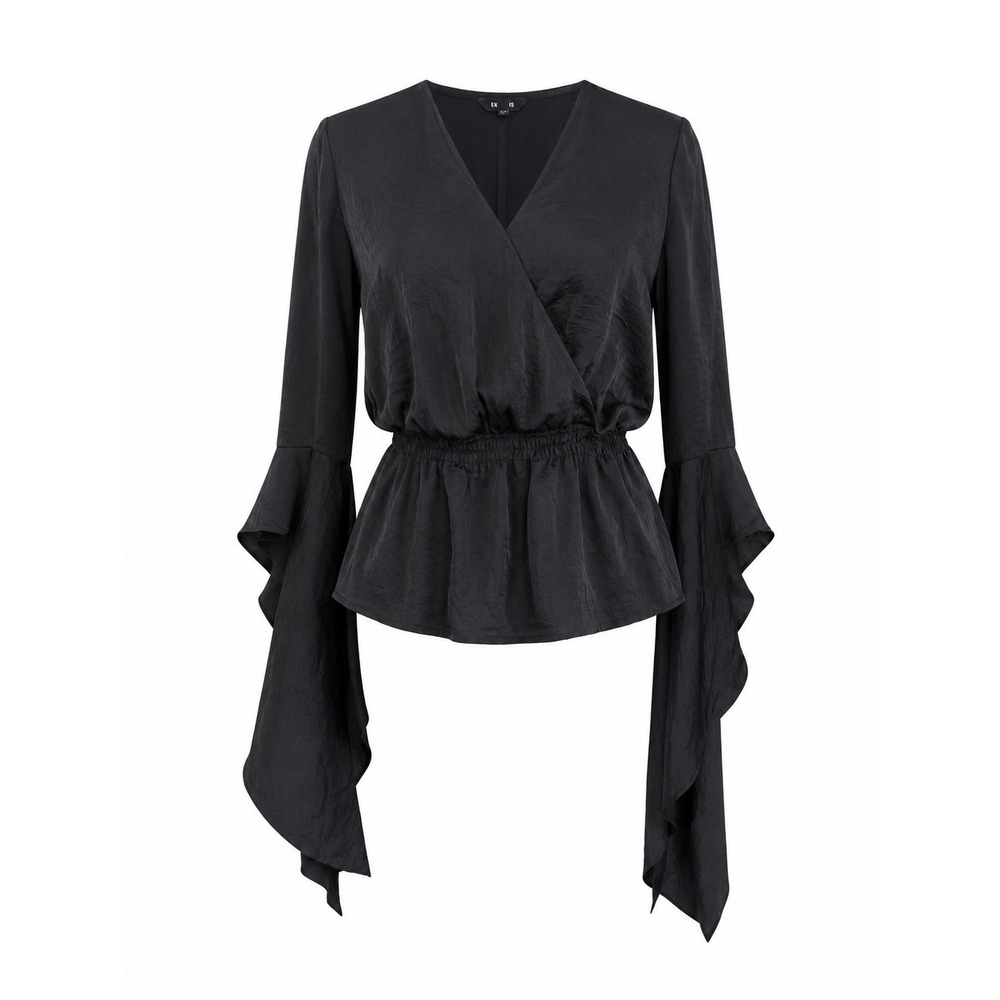 Express Black Cascading Waterfall Bell Sleeves Blouse Sz S Witchy Gothic Vampy